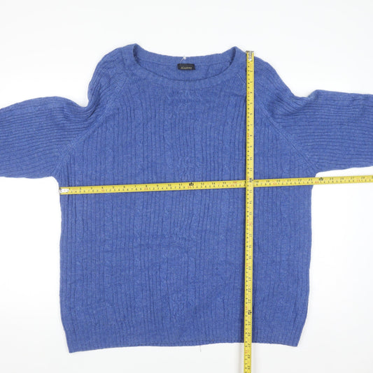 Academy Men's Blue Wool Blend Cable-Knit Crew Neck Jumper L
