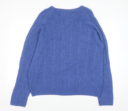Academy Men's Blue Wool Blend Cable-Knit Crew Neck Jumper L