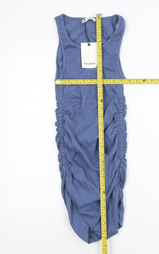 Pull & Bear Women Blue M Sleeveless Ruched Bodycon Mini Dress