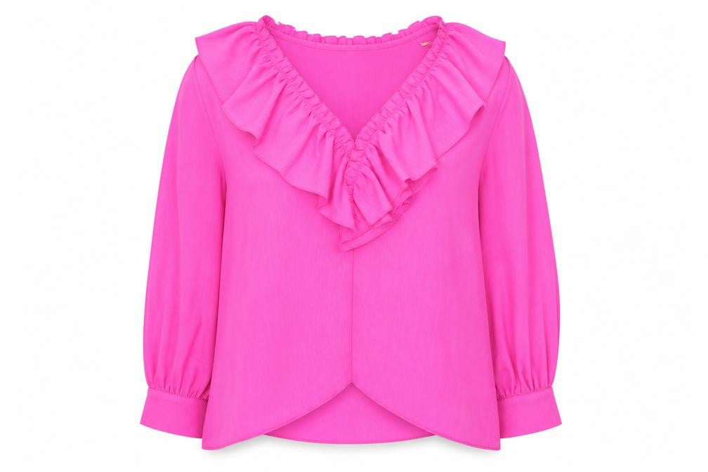 Maraislise Women's Pink Ruffle V-Neck Long Sleeve Blouse Size S