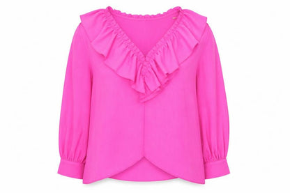 Maraislise Women's Pink Ruffle V-Neck Long Sleeve Blouse Size S
