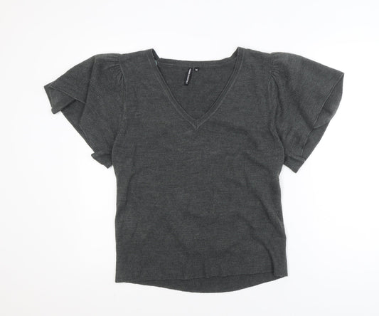 Fashion Essentials Womens Grey Knit V-Neck Short Sleeve Blouse Size 16