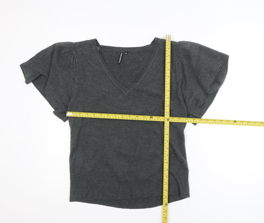 Fashion Essentials Womens Grey Knit V-Neck Short Sleeve Blouse Size 16