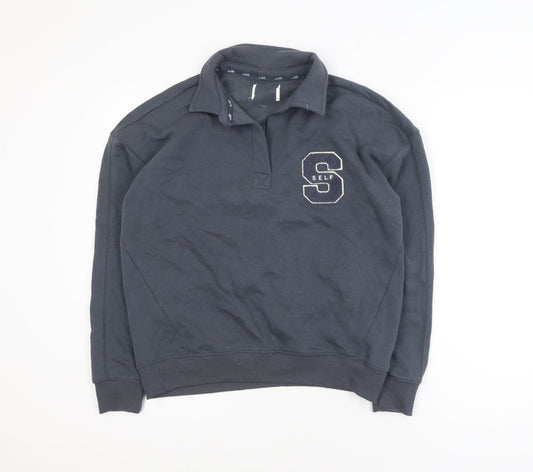 Self Men's Blue Collared Henley Sweatshirt XS Embroidered College Style