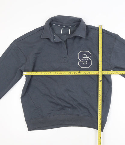 Self Men's Blue Collared Henley Sweatshirt XS Embroidered College Style