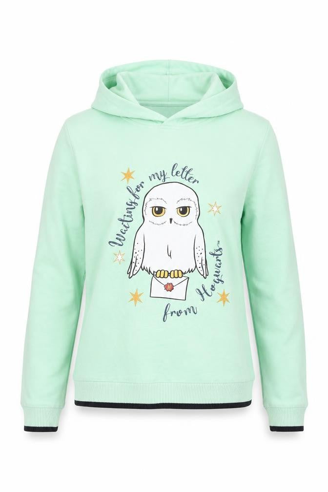 Front view of Harry Potter girls’ mint green hoodie, size 12, cotton hedwig print