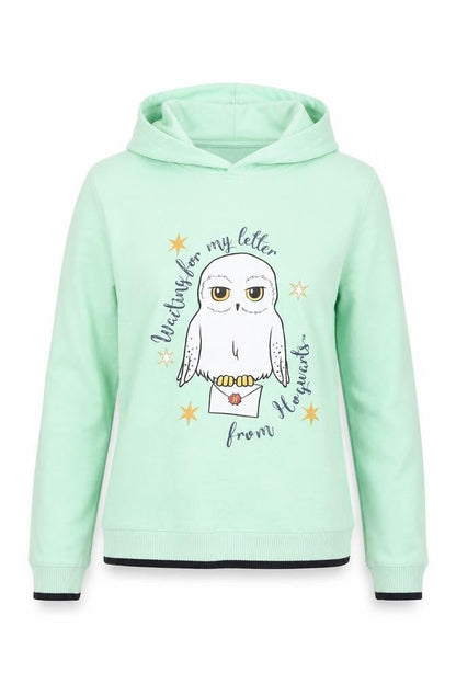 Front view of Harry Potter girls’ mint green hoodie, size 12, cotton hedwig print