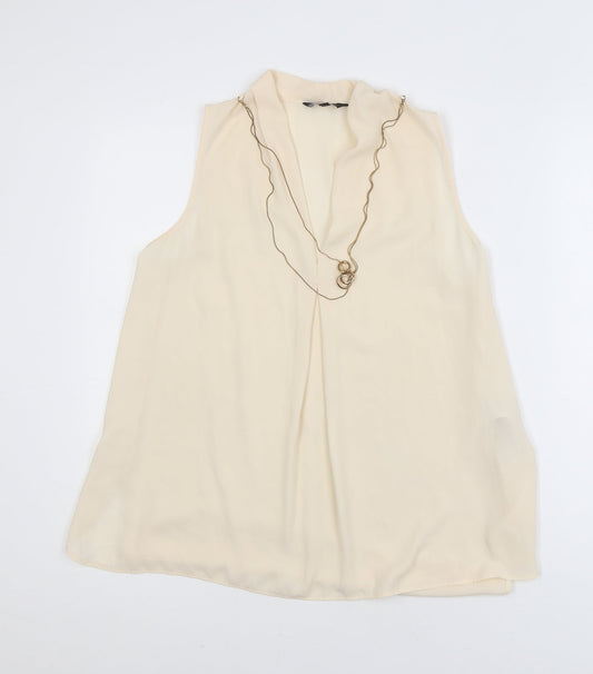 New Look Women Beige Chiffon Sleeveless V-Neck Blouse Size 10