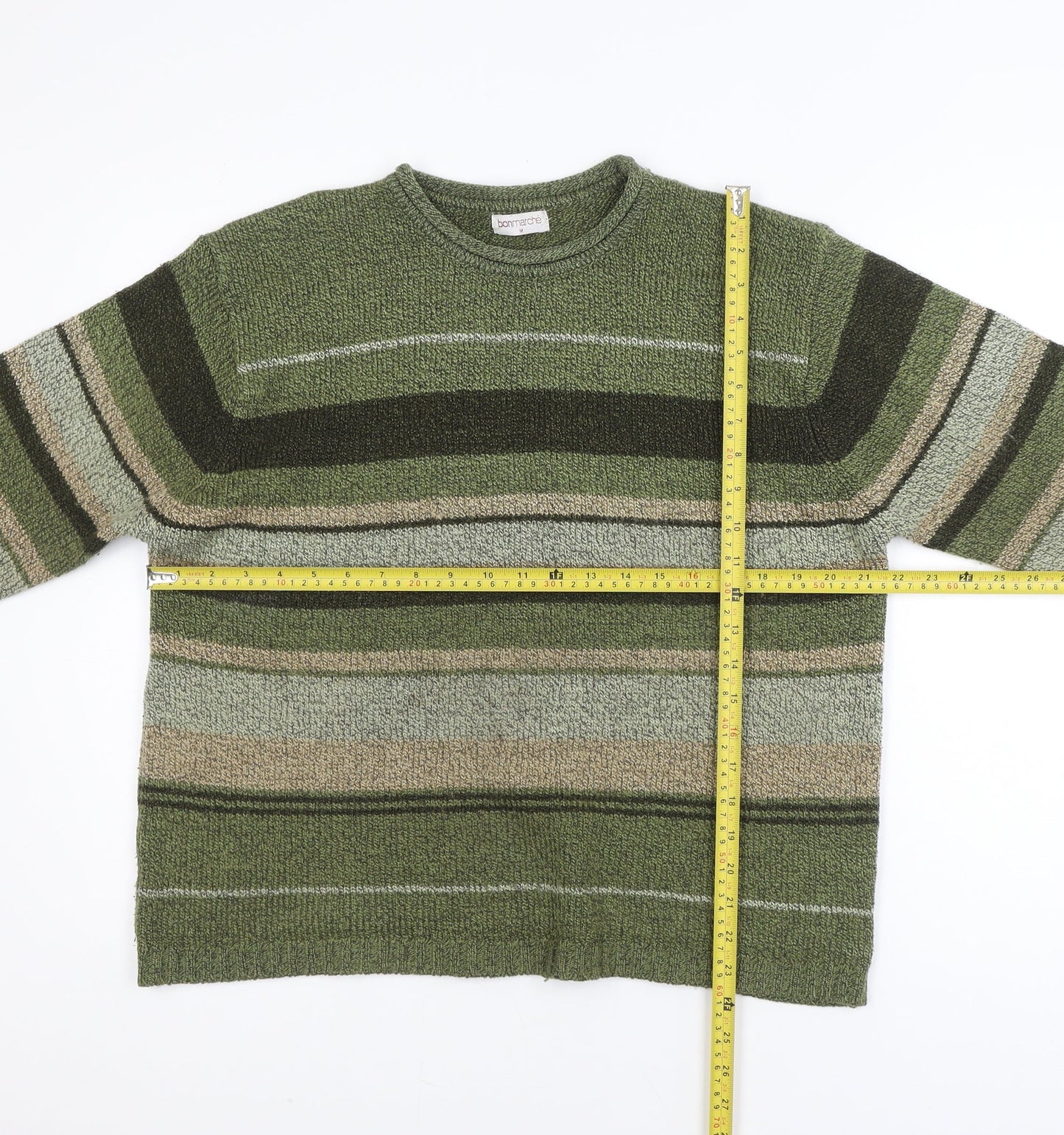 Bonmarche Men's Green Striped Crew Neck Pullover Jumper M
