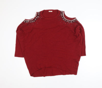 MOËWY Women's Red Cold Shoulder Beaded Knit Jumper One Size