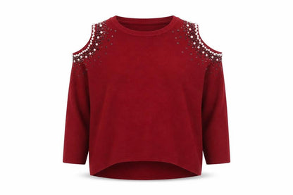 MOËWY Women's Red Cold Shoulder Beaded Knit Jumper One Size