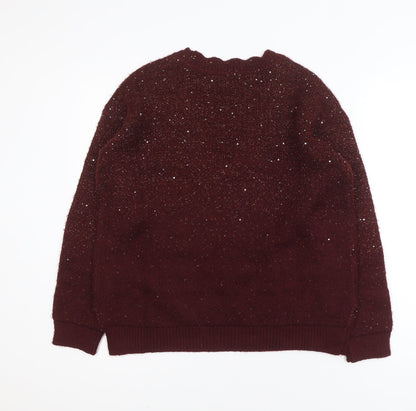Fat Face Women's Burgundy V-Neck Sequin Knit Jumper UK 10