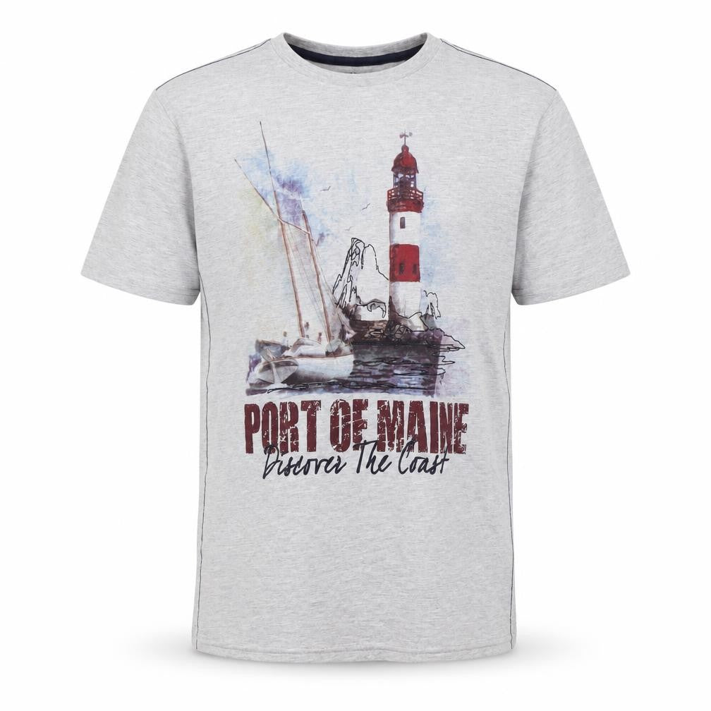 Front view of Dunnes Men Grey Port of Maine Graphic Short Sleeve T-Shirt Small
