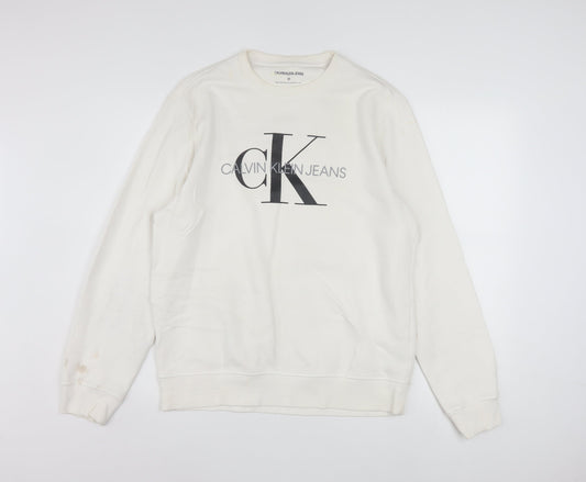 Calvin Klein Jeans Men's White Logo Sweatshirt M Pullover Crew Neck