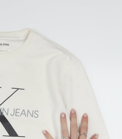 Calvin Klein Jeans Men's White Logo Sweatshirt M Pullover Crew Neck