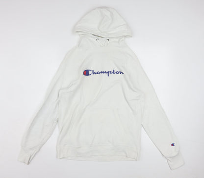 Champion Men's White Hoodie Pullover Medium Logo Print Cotton Blend