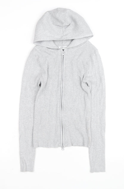 Stradivarius Women's Grey Full Zip Hooded Ribbed Jumper Size 8