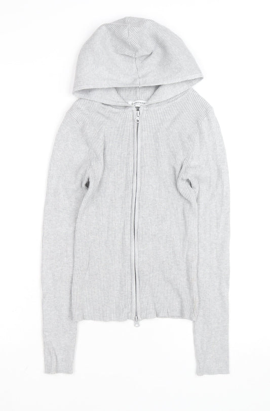 Stradivarius Women's Grey Full Zip Hooded Ribbed Jumper Size 8