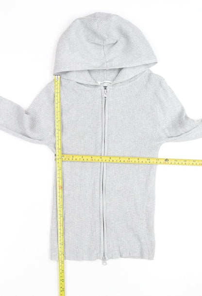 Stradivarius Women's Grey Full Zip Hooded Ribbed Jumper Size 8