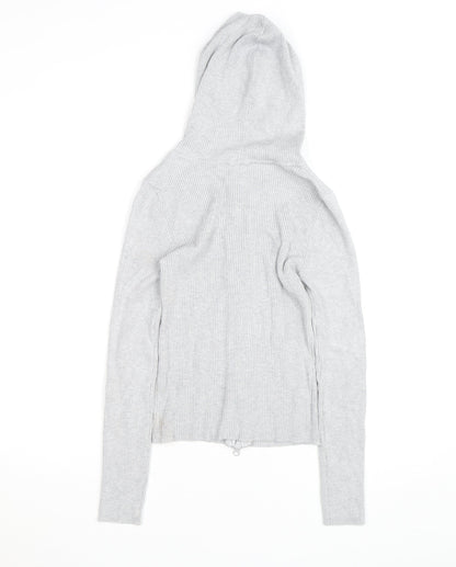 Stradivarius Women's Grey Full Zip Hooded Ribbed Jumper Size 8