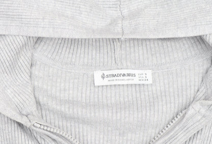 Stradivarius Women's Grey Full Zip Hooded Ribbed Jumper Size 8