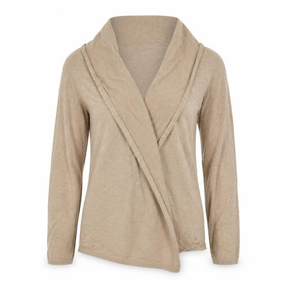 Front view of Dunnes Women’s Beige Knit Cardigan L Lightweight Open Front