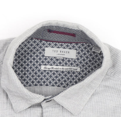 Ted Baker Men's Grey Herringbone Cotton Long Sleeve Button-Up Shirt Size M