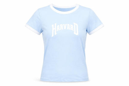 Front view of H&M girls’ blue harvard ringer t-shirt xs cotton elastane short sleeve