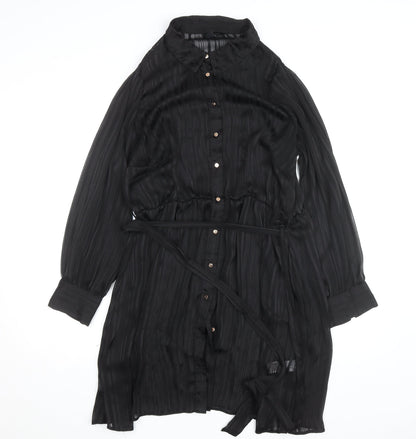 New Look Women's Black Size 16 Collared Belted Chiffon Shirt Dress