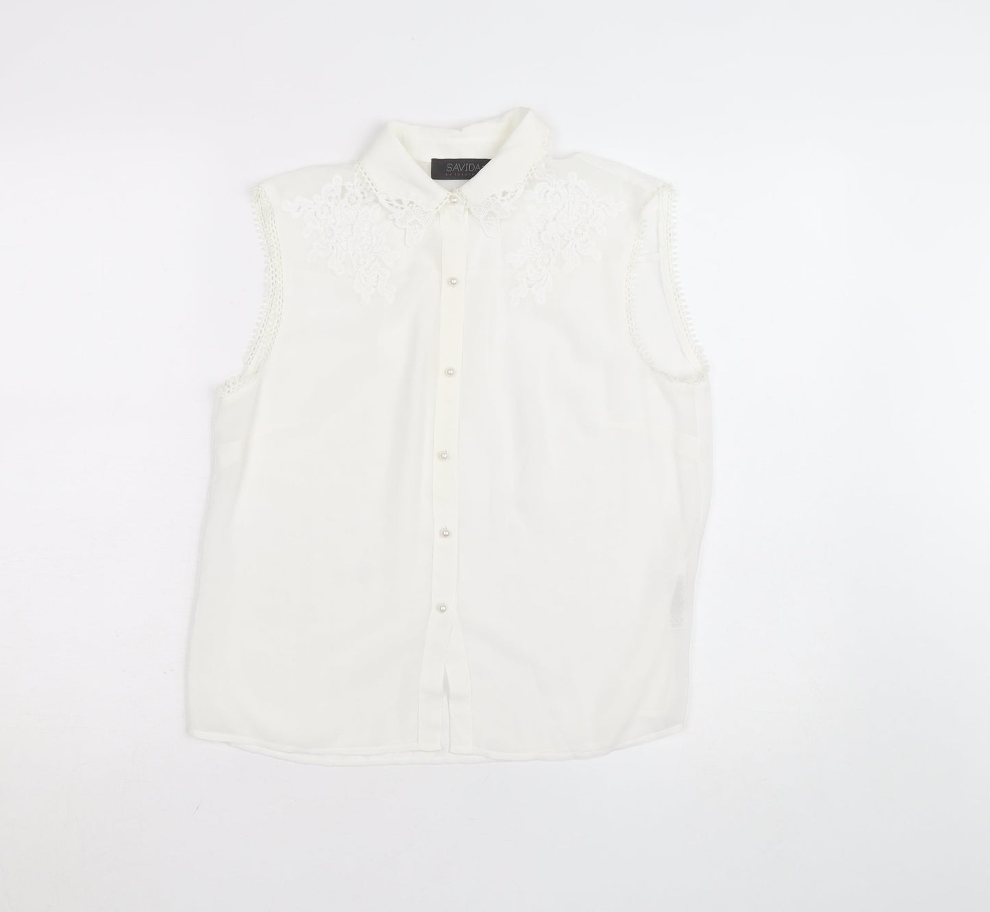 Savida Women's White Embroidered Sleeveless Collared Blouse Size 10