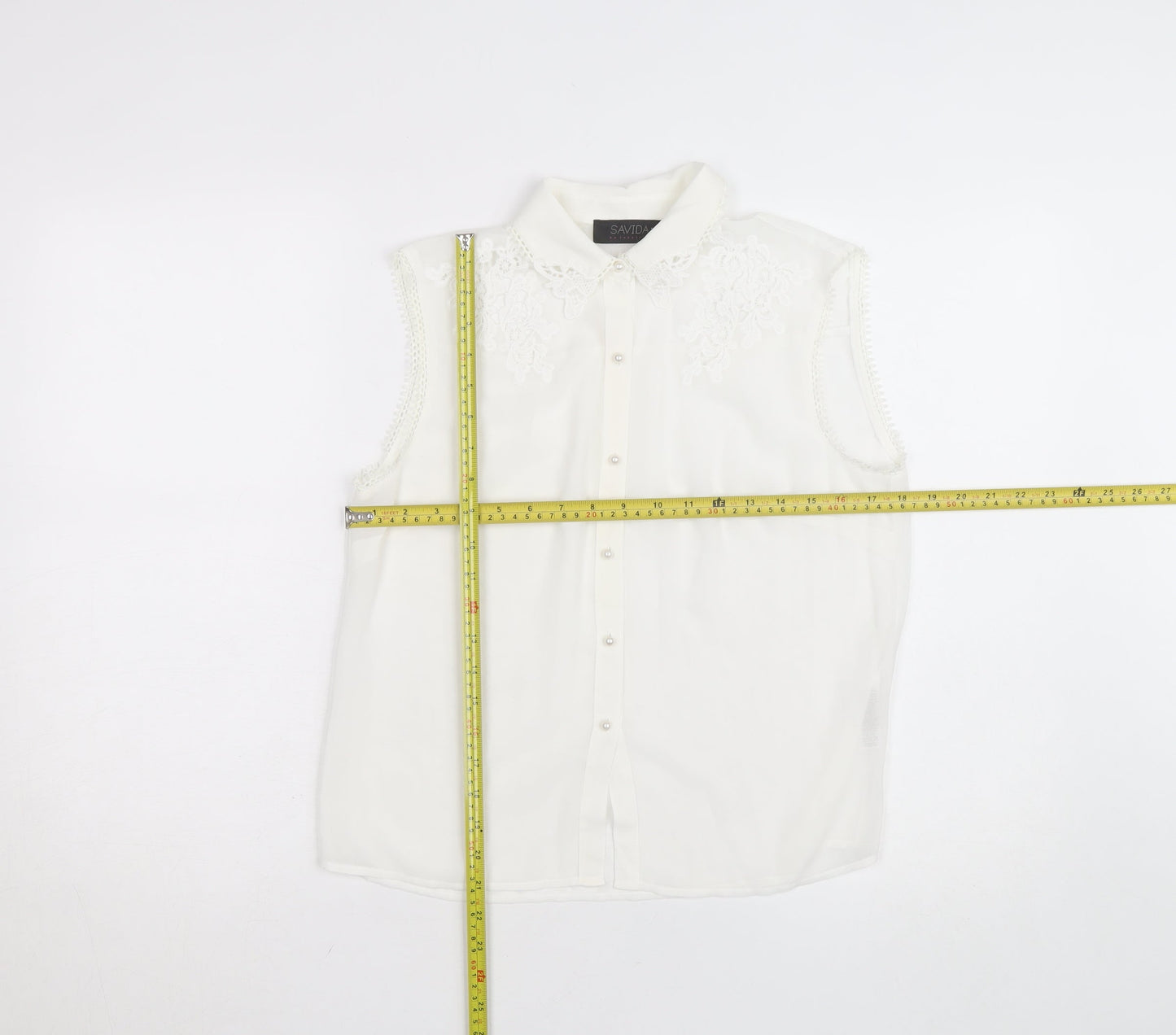 Savida Women's White Embroidered Sleeveless Collared Blouse Size 10