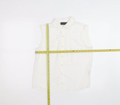 Savida Women's White Embroidered Sleeveless Collared Blouse Size 10