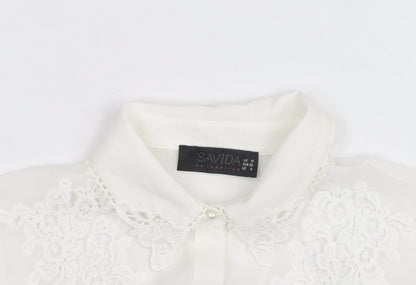 Savida Women's White Embroidered Sleeveless Collared Blouse Size 10