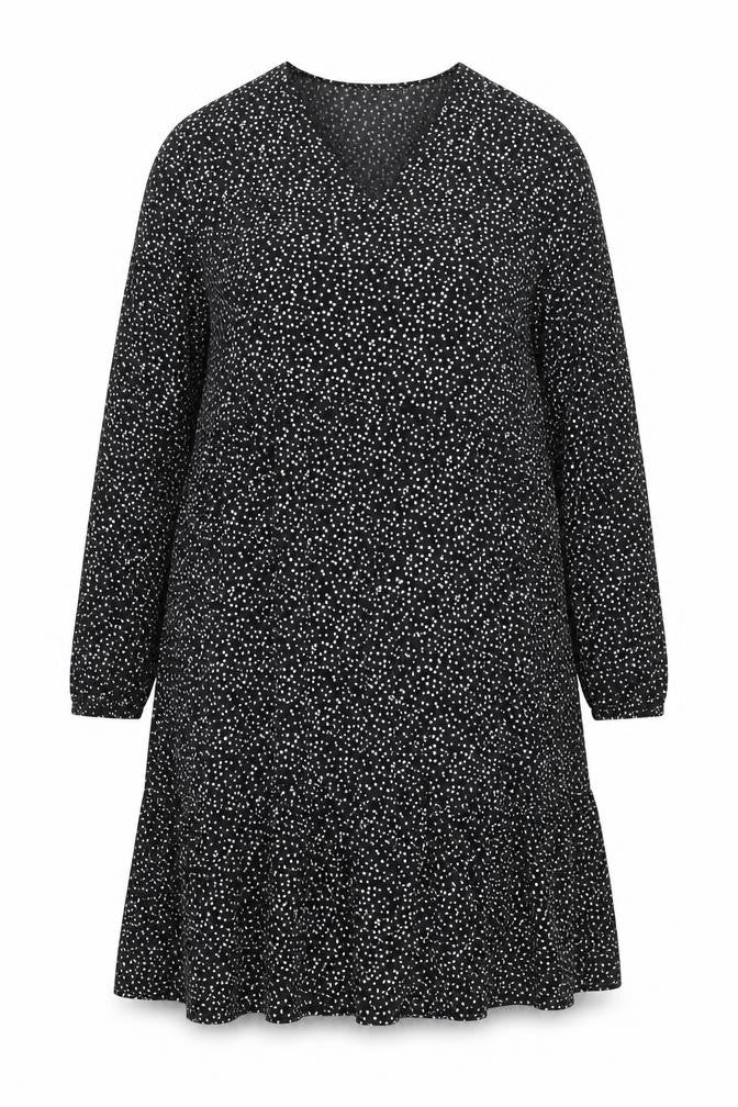 Front view of C&A Women Black Polka Dot V-Neck A-Line Dress, size 20