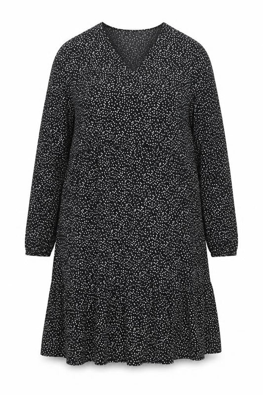 Front view of C&A Women Black Polka Dot V-Neck A-Line Dress, size 20