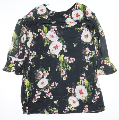 Wallis Womens Black Floral Shift Dress Size 16 Knee Length 3/4 Sleeve