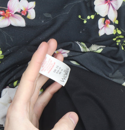 Wallis Womens Black Floral Shift Dress Size 16 Knee Length 3/4 Sleeve