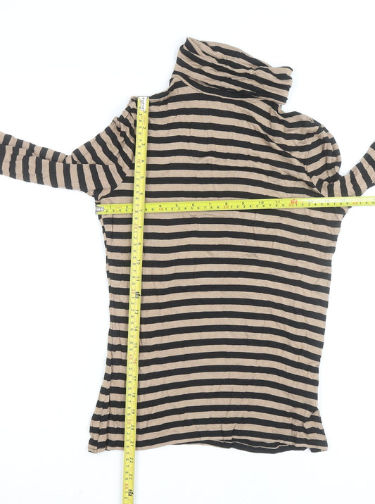 New Look Women Beige Black Striped Roll Neck Long Sleeve Top Size 10