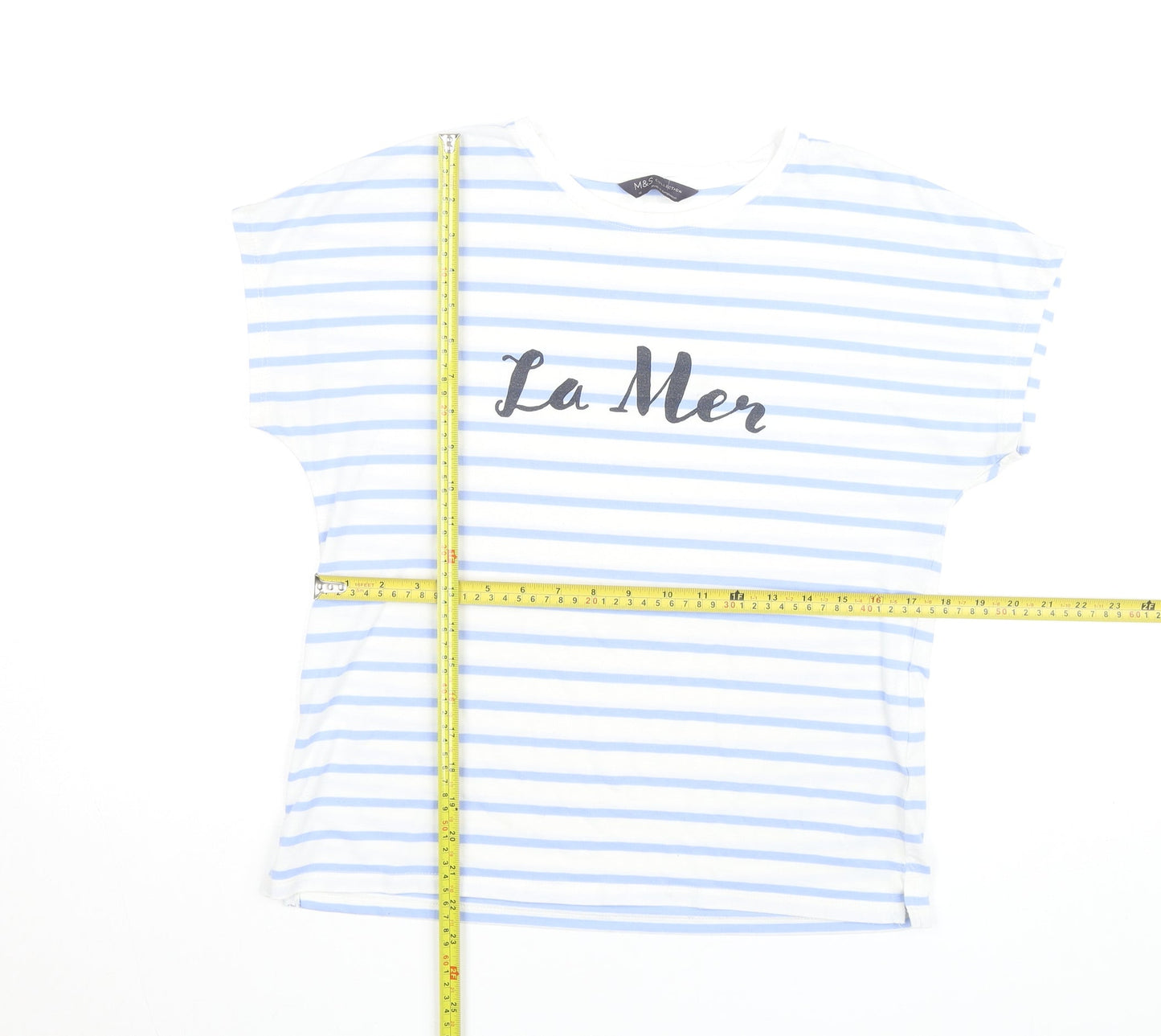 Marks and Spencer Women Blue Striped La Mer T-Shirt Size 10
