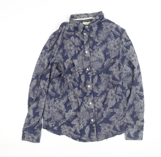 Stradivarius Men’s Blue Floral Cotton Linen Long Sleeve Button-Up Shirt Size M