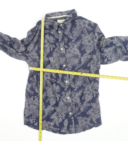 Stradivarius Men’s Blue Floral Cotton Linen Long Sleeve Button-Up Shirt Size M