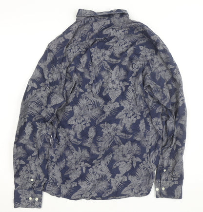 Stradivarius Men’s Blue Floral Cotton Linen Long Sleeve Button-Up Shirt Size M
