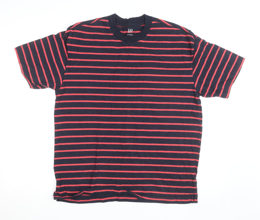 GAP Men's Navy and Red Striped Crew Neck Cotton T-Shirt Size L