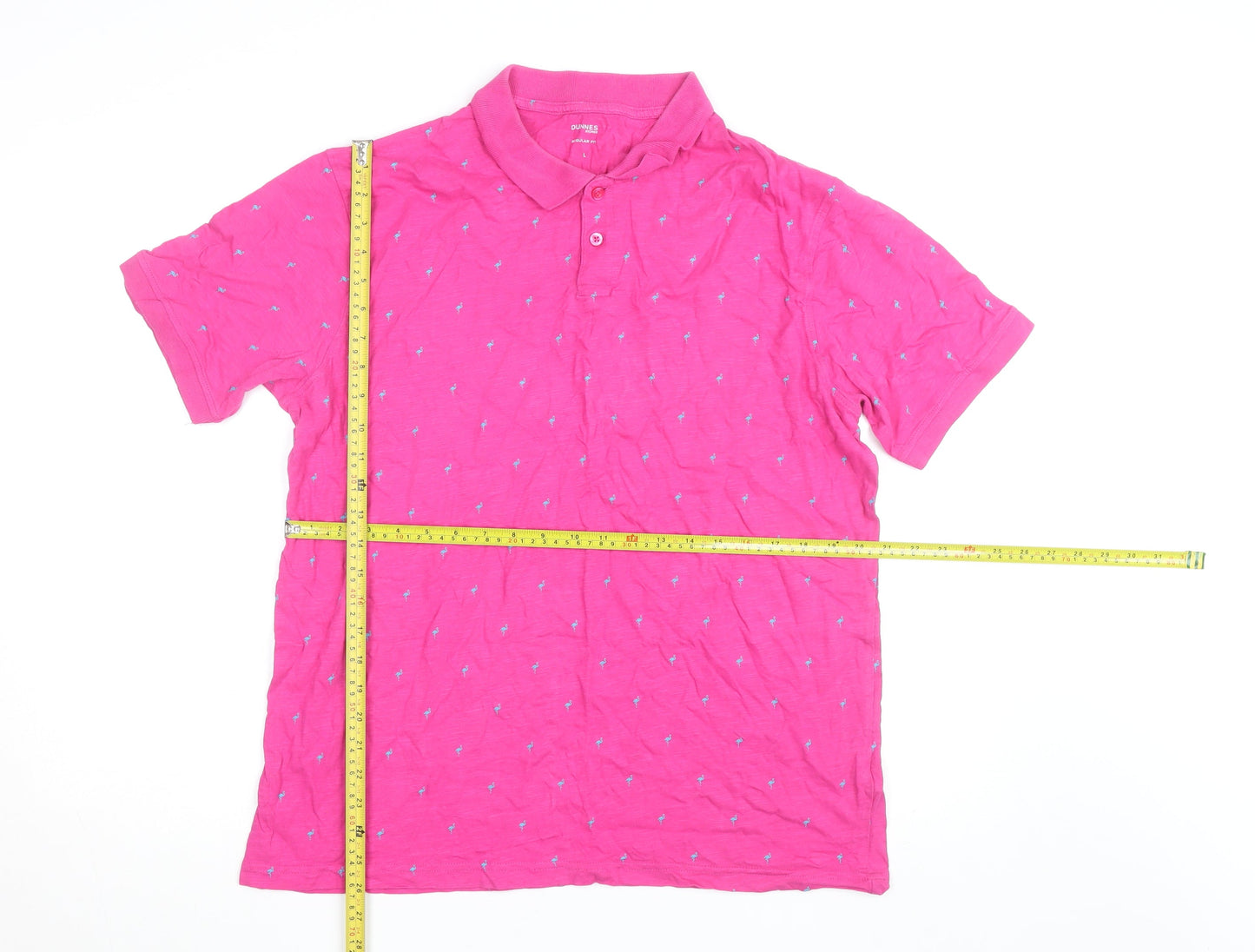 Dunnes Stores Men's Pink Flamingo Print Polo Shirt Size L Regular Fit