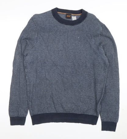 BOSS Men's Blue Cotton Knit Crew Neck Jumper Size M