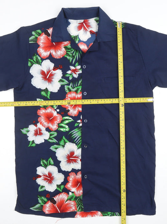 V.H.O Men's Blue Hawaiian Floral Short Sleeve Button-Up Shirt S