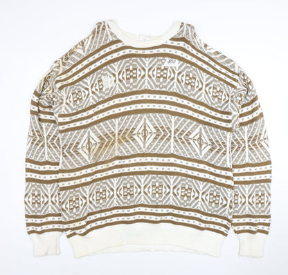 Revere Men’s Beige Geometric Cotton Knit Jumper XL Vintage Pullover