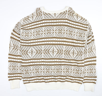 Revere Men’s Beige Geometric Cotton Knit Jumper XL Vintage Pullover