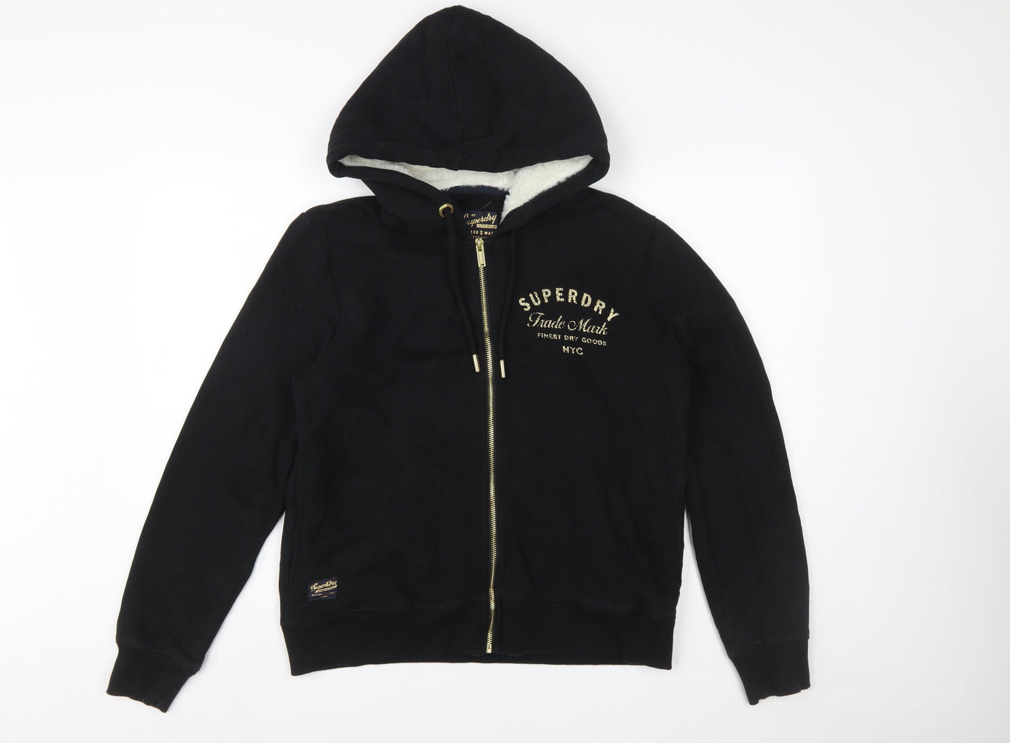 Superdry Women's Black Full Zip Hoodie UK 12 Lined Logo Casual