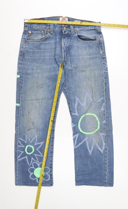 Levi's 501 Women's Blue Floral Painted Straight Denim Jeans W32 L30